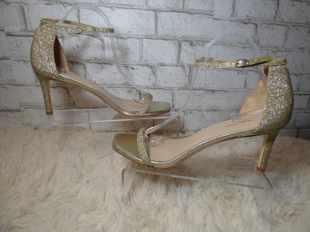 Stuart Weitzman Nudistcurve 100 Gold Glitter Leather Stilettos 11 NEW